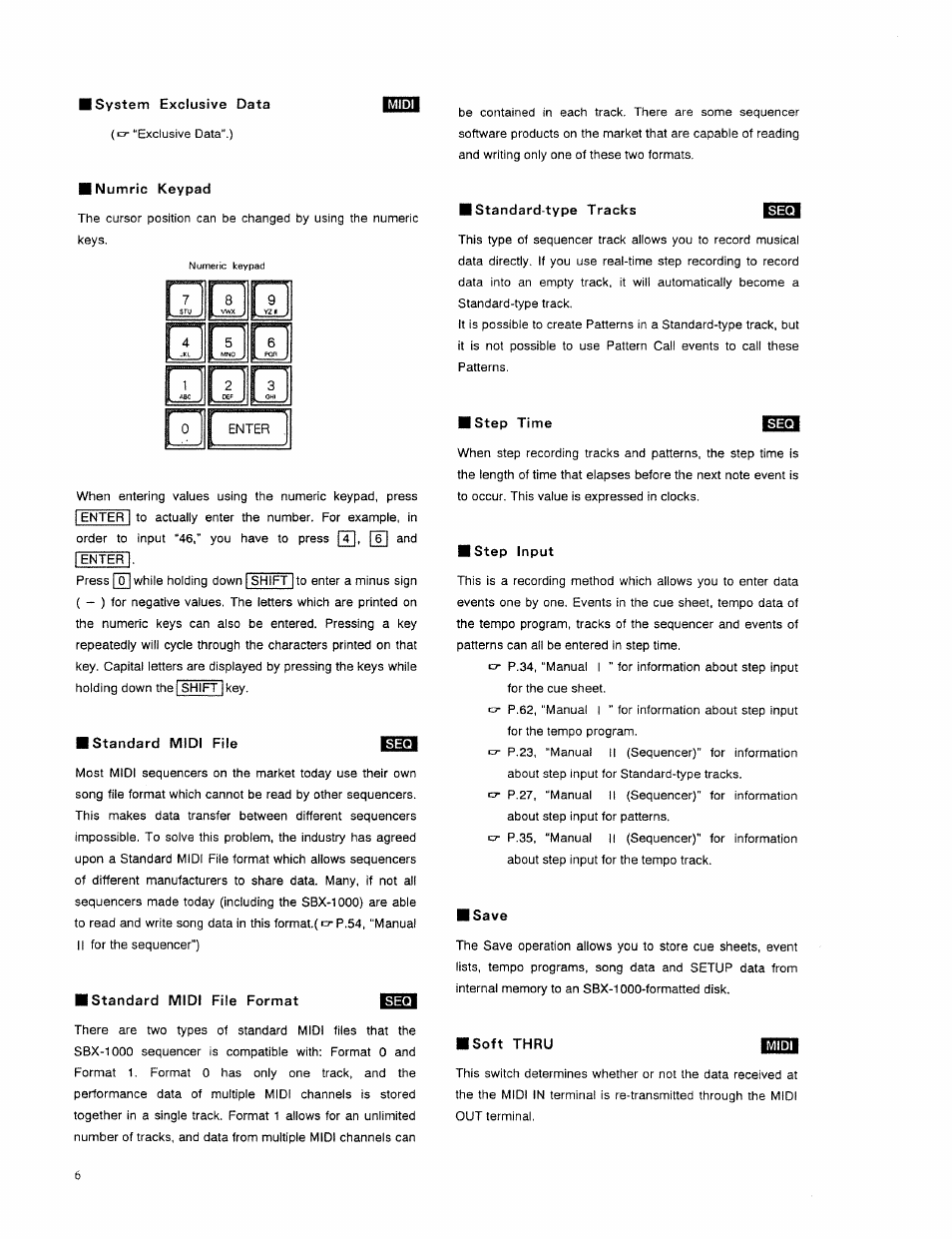 System exclusive data, Numric keypad, Standard midi file | Standard midi file format, Standard-type tracks, Step time, Step input, Save, I soft thru | Roland SBX-1000 User Manual | Page 8 / 18