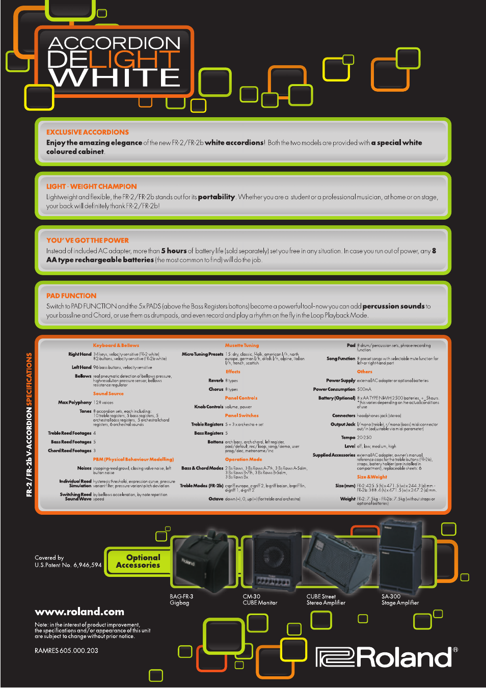 Delight, Covered by, Bag-fr-3 | Cm-30 " cube street ^ " sб-300, Delight white, Accordion | Roland FR-7xb User Manual | Page 2 / 2