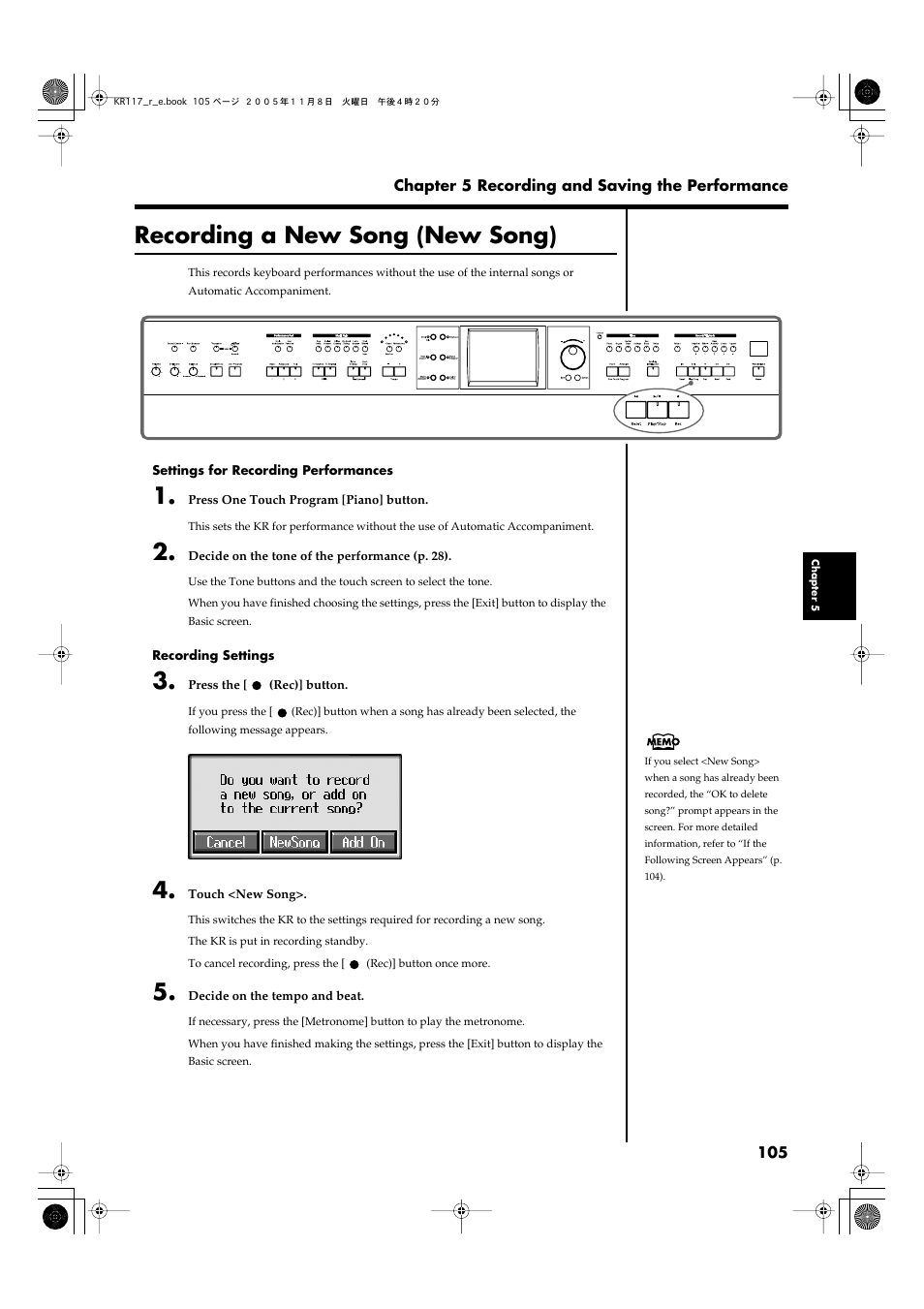 Recording a new song (new song), Recording standby (p. 105, p. 136), Recording (p. 105) | Recording a new song (new song)” (p. 105) | Roland KR117/115 User Manual | Page 105 / 228