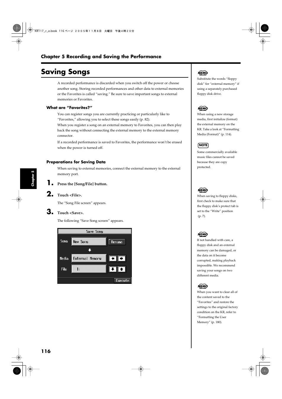Saving songs, Songs to external memory (p. 116), Song to a external memory (p | 116) or register the song to the, External memory (p. 116) or | Roland KR117/115 User Manual | Page 116 / 228