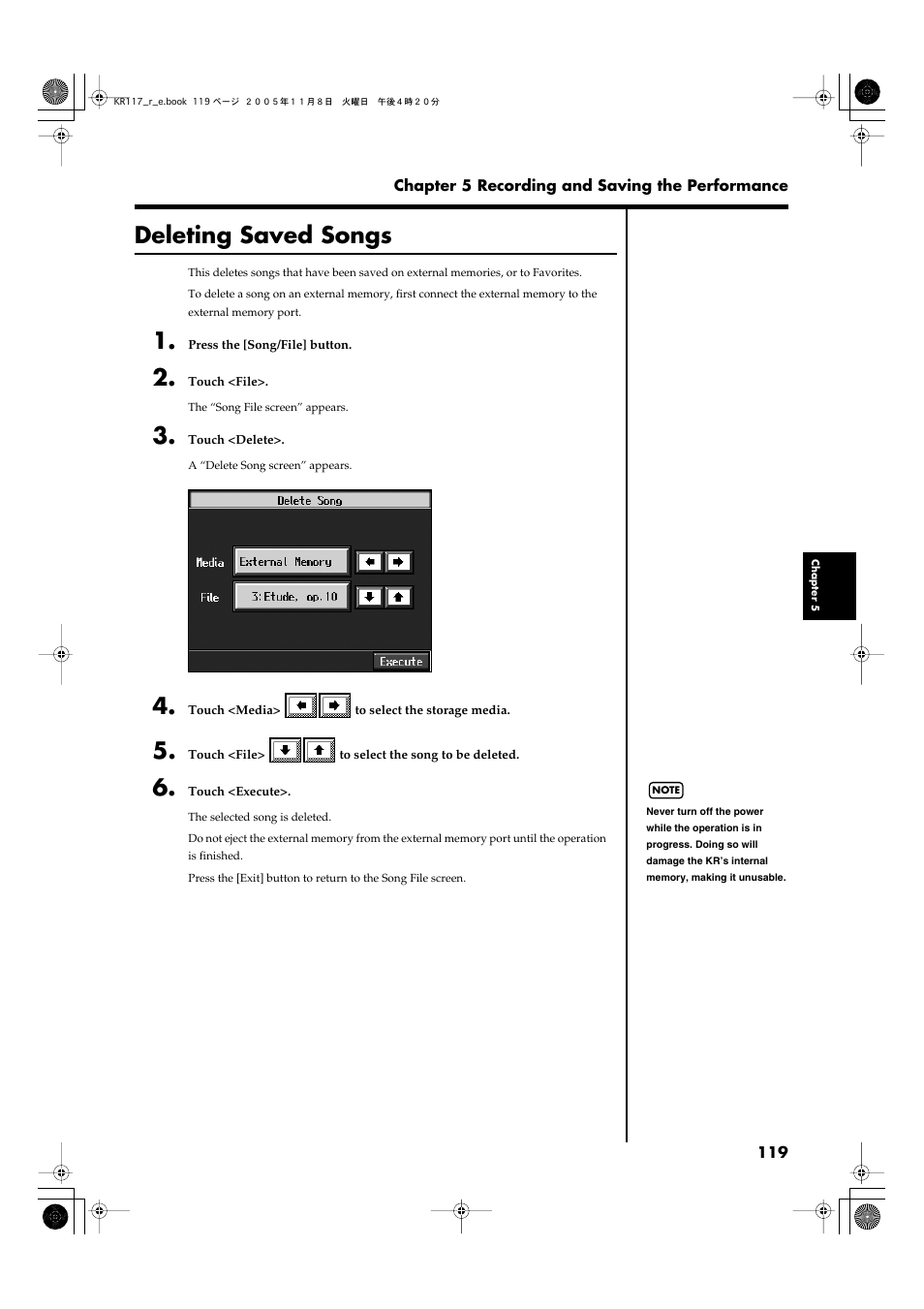 Deleting saved songs | Roland KR117/115 User Manual | Page 119 / 228