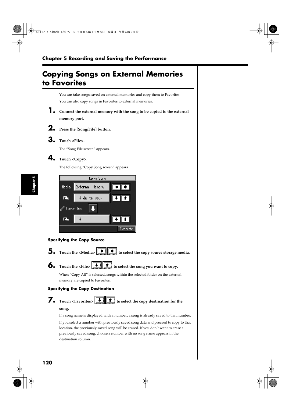 Copying songs on external memories to favorites, Copying songs on external, Memories to favorites” (p | Roland KR117/115 User Manual | Page 120 / 228