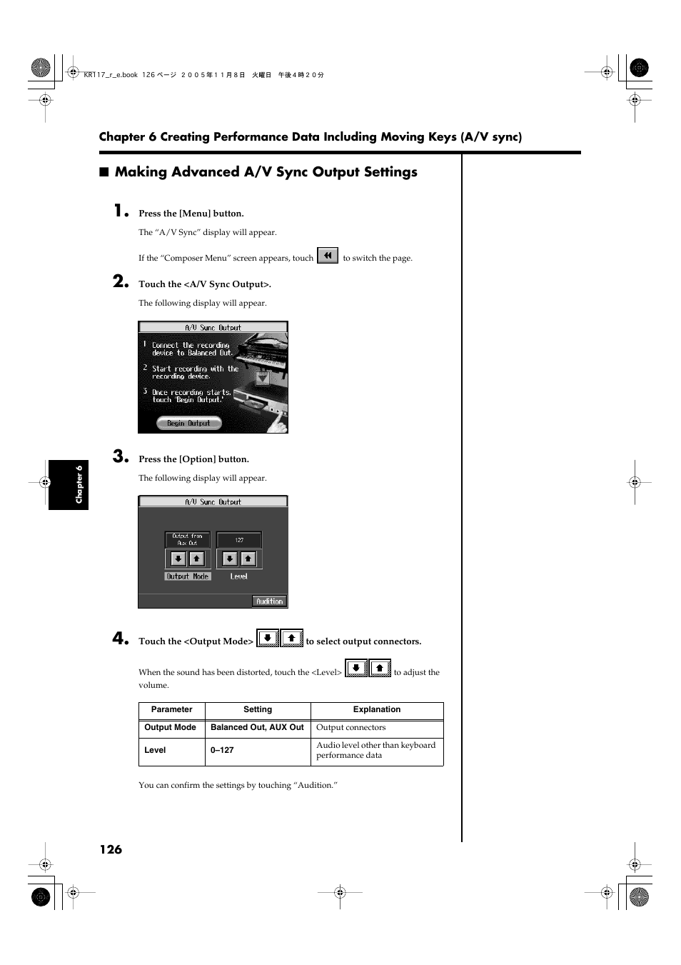 Making advanced a/v sync output settings | Roland KR117/115 User Manual | Page 126 / 228