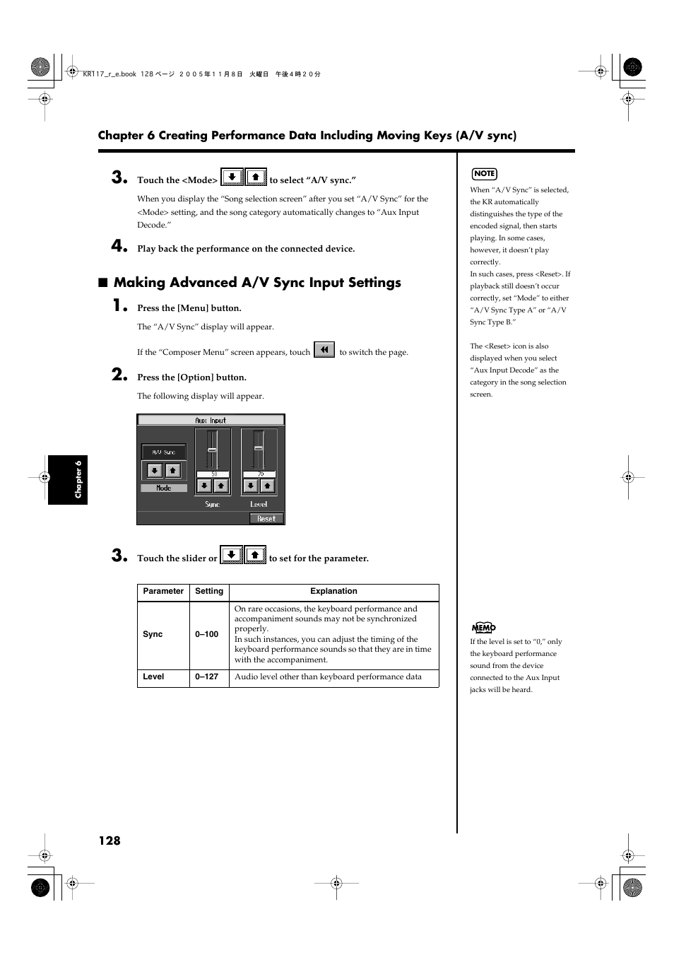 Making advanced a/v sync input settings | Roland KR117/115 User Manual | Page 128 / 228