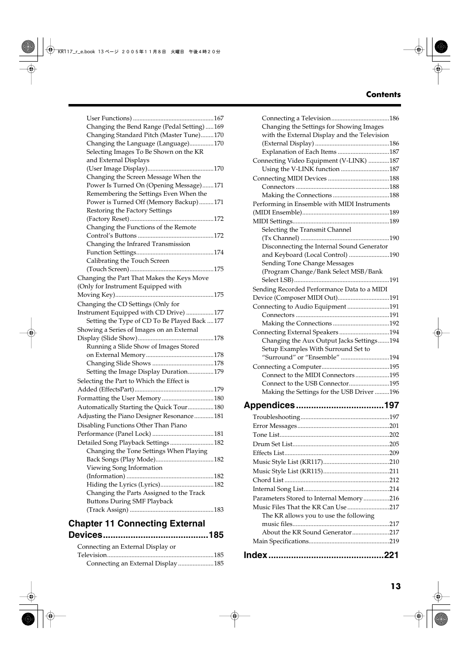 Chapter 11 connecting external devices, Appendices, Index | Roland KR117/115 User Manual | Page 13 / 228