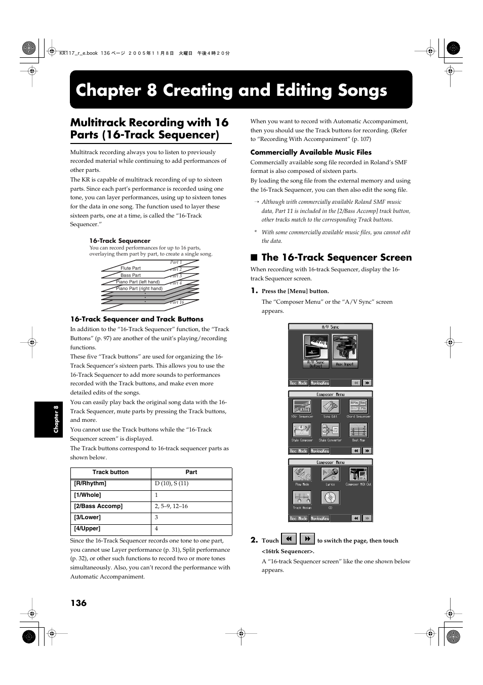 Chapter 8 creating and editing songs, The 16-track sequencer screen | Roland KR117/115 User Manual | Page 136 / 228