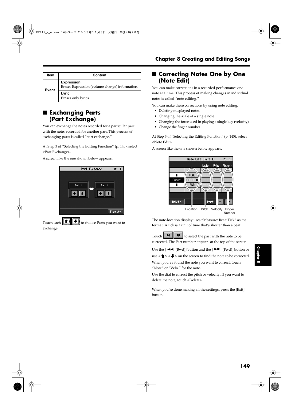 Exchanging parts (part exchange), Correcting notes one by one (note edit), P. 149 | Roland KR117/115 User Manual | Page 149 / 228