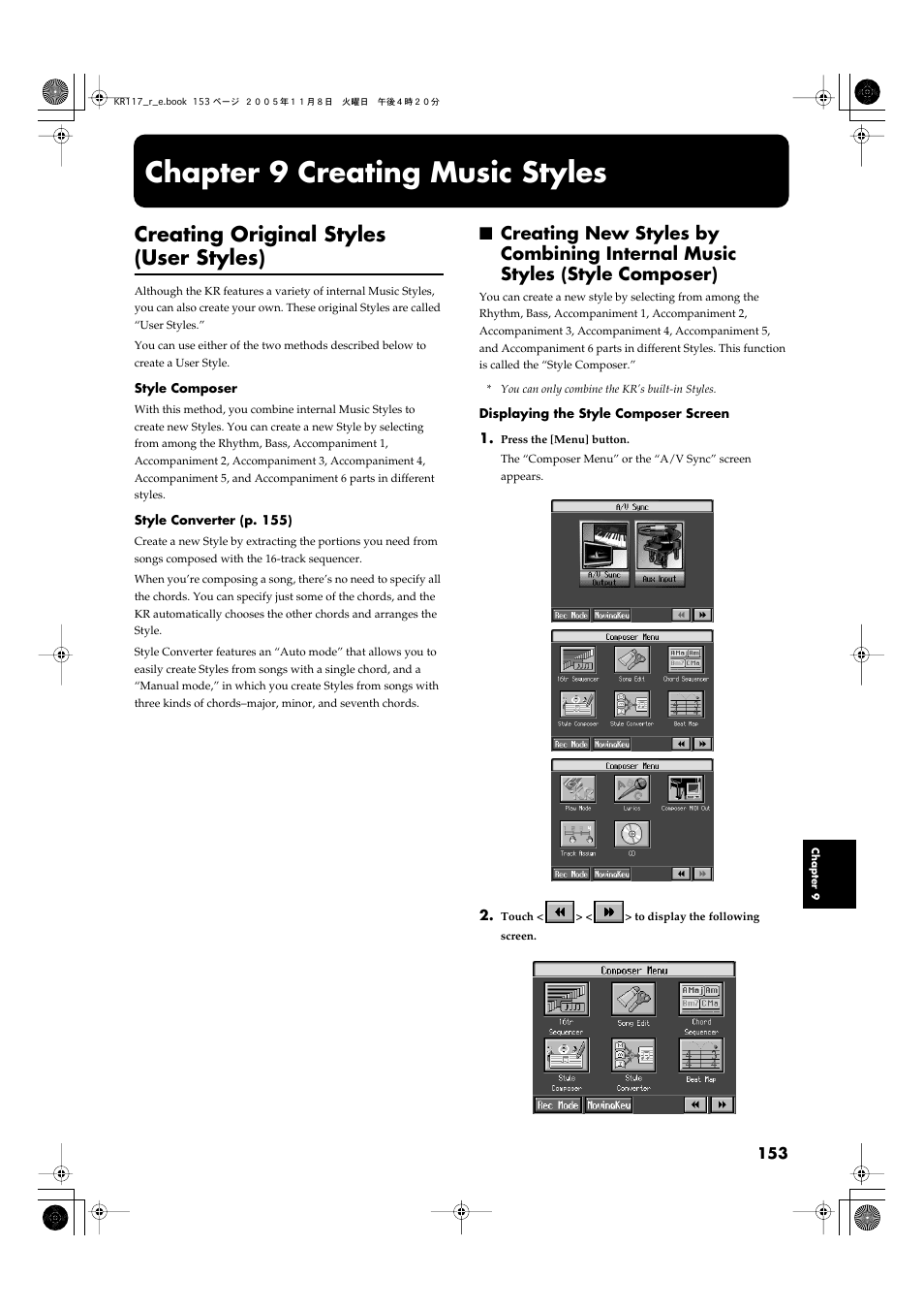 Chapter 9 creating music styles, Creating original styles (user styles), Chapter 9 creating music styles 153 | Roland KR117/115 User Manual | Page 153 / 228