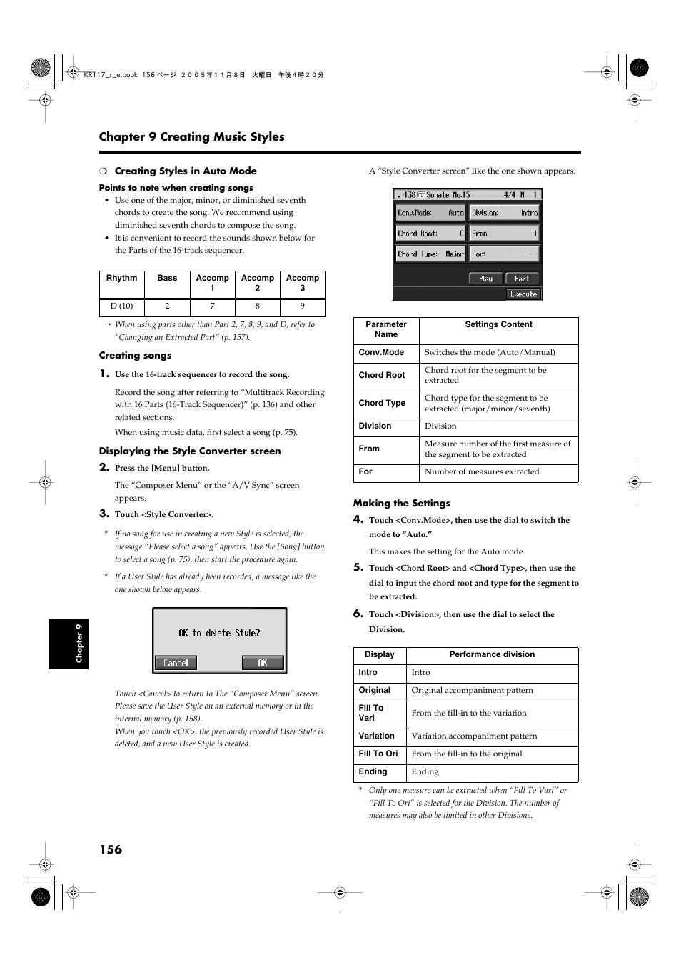 156 chapter 9 creating music styles | Roland KR117/115 User Manual | Page 156 / 228