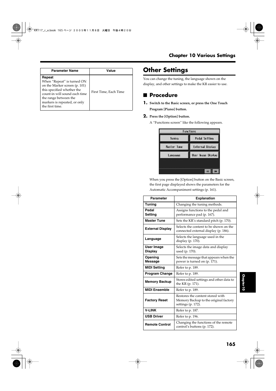 Other settings, Procedure | Roland KR117/115 User Manual | Page 165 / 228