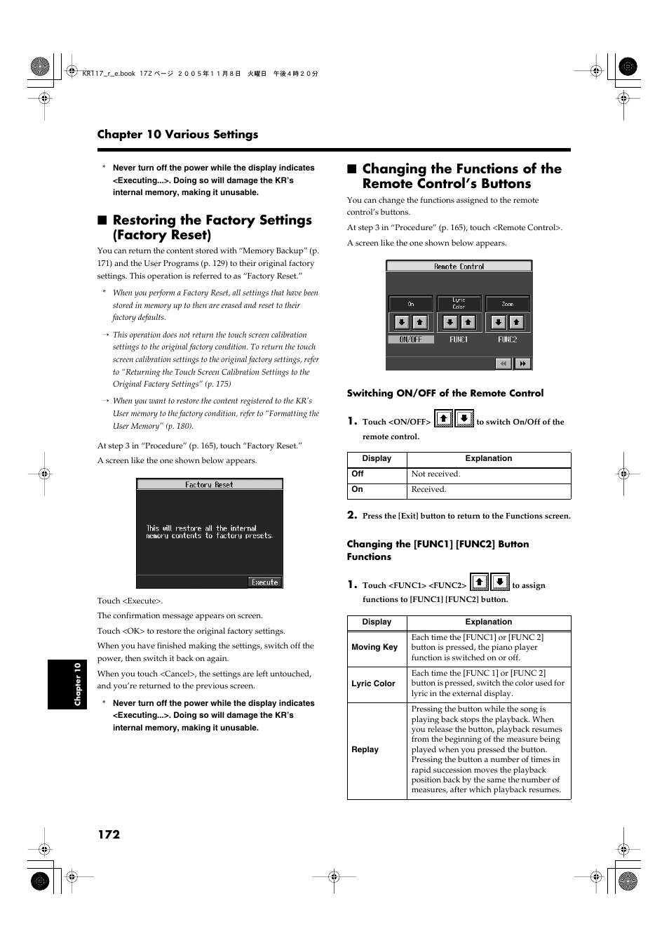 Restoring the factory settings (factory reset), Refer to “switching on/off, Of the remote control” (p | Assigned to the button (p. 172), Settings (p. 172), Control’s buttons (p. 172) | Roland KR117/115 User Manual | Page 172 / 228