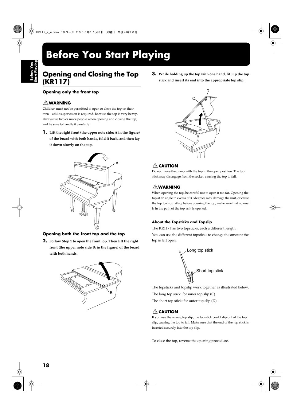 Before you start playing, Opening and closing the top (kr117) | Roland KR117/115 User Manual | Page 18 / 228