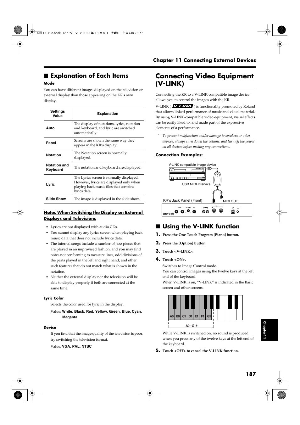 Explanation of each items, Connecting video equipment (v-link), Using the v-link function | Refer to p. 187, Connecting video equipment (p. 187) | Roland KR117/115 User Manual | Page 187 / 228
