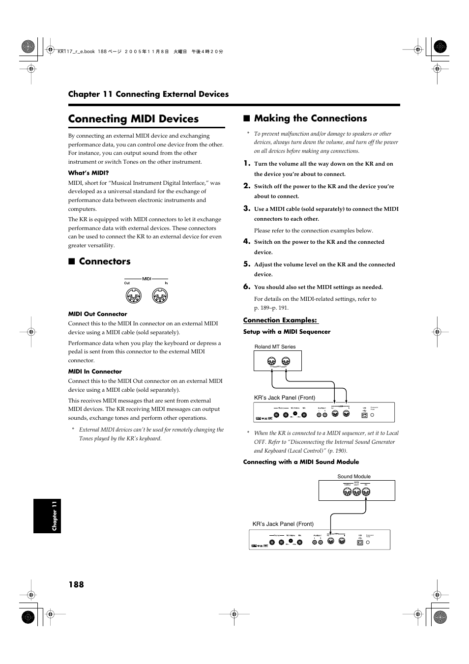 Connecting midi devices, Connectors, Making the connections | Connectors making the connections, Performance data (p. 188), Connecting midi devices (p. 188) | Roland KR117/115 User Manual | Page 188 / 228