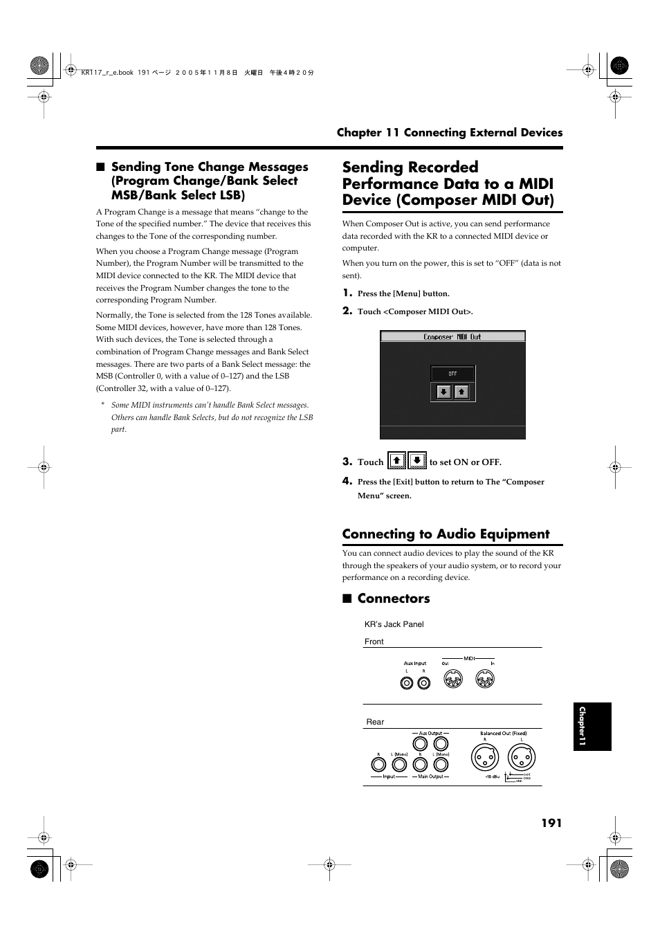 Connecting to audio equipment, Connectors, Through the kr’s speakers (p. 191) | Enjoy more powerful sound (p. 191), Connecting audio equipment (p. 191), P. 191), Program numbers) (p. 191) | Roland KR117/115 User Manual | Page 191 / 228