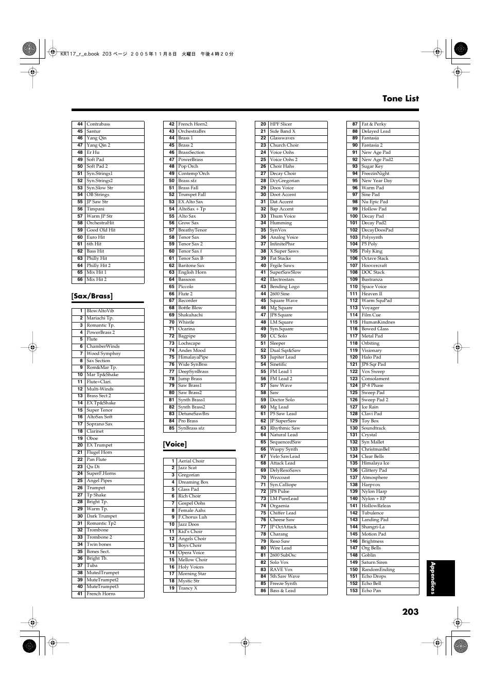 203 tone list, Sax/brass] [voice | Roland KR117/115 User Manual | Page 203 / 228