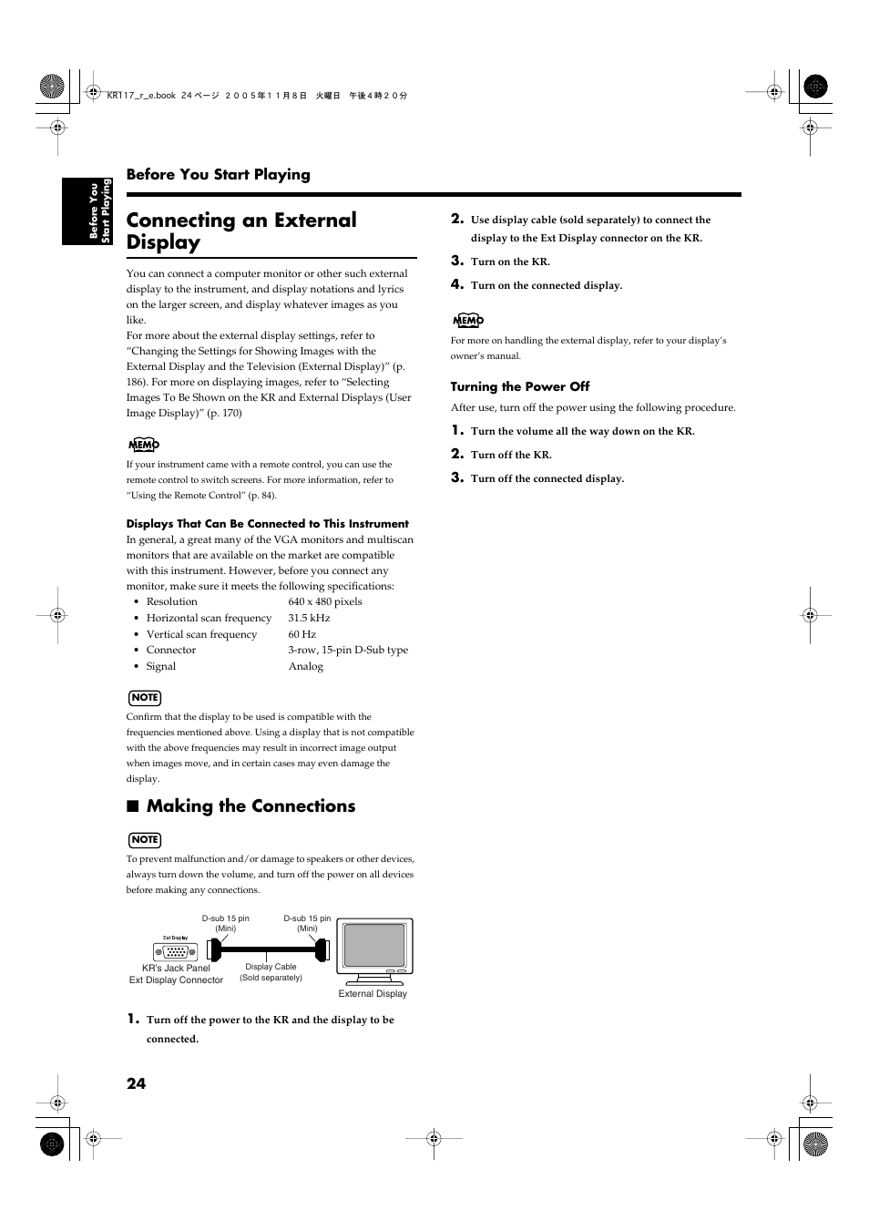 Connecting an external display, Making the connections | Roland KR117/115 User Manual | Page 24 / 228
