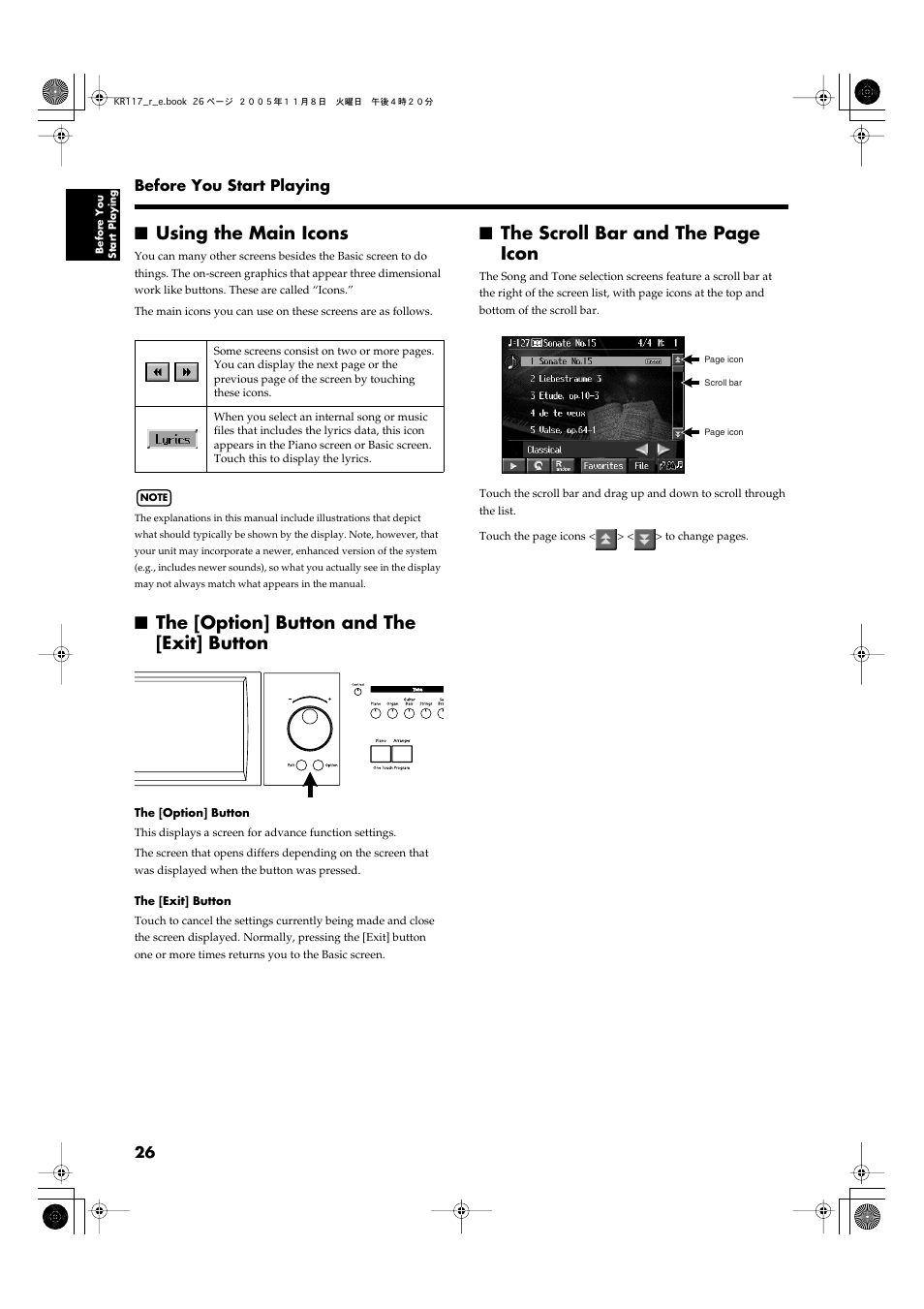 Using the main icons, The [option] button and the [exit] button, The scroll bar and the page icon | Roland KR117/115 User Manual | Page 26 / 228