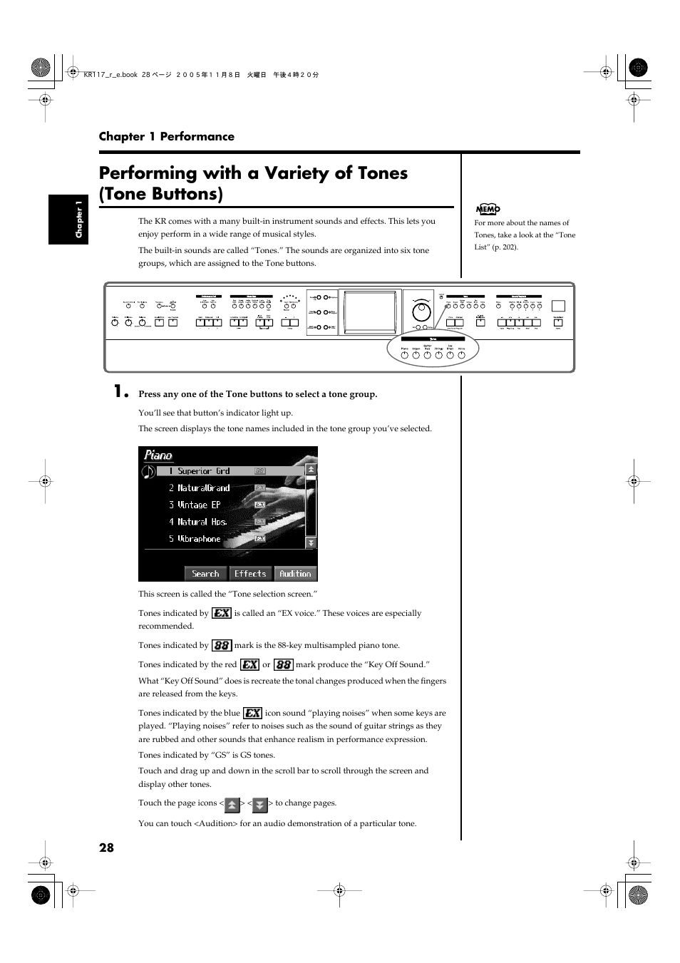 Performing with a variety of tones (tone buttons), Played by the keyboard (p. 28) | Roland KR117/115 User Manual | Page 28 / 228