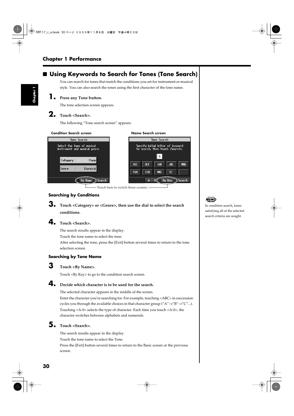 Using keywords to search for tones (tone search), Touching <search> (p. 30) | Roland KR117/115 User Manual | Page 30 / 228