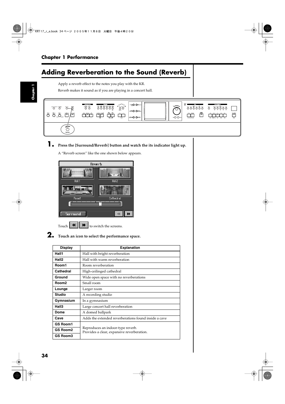 Adding reverberation to the sound (reverb), Adds reverberation to the sound (p. 34) | Roland KR117/115 User Manual | Page 34 / 228