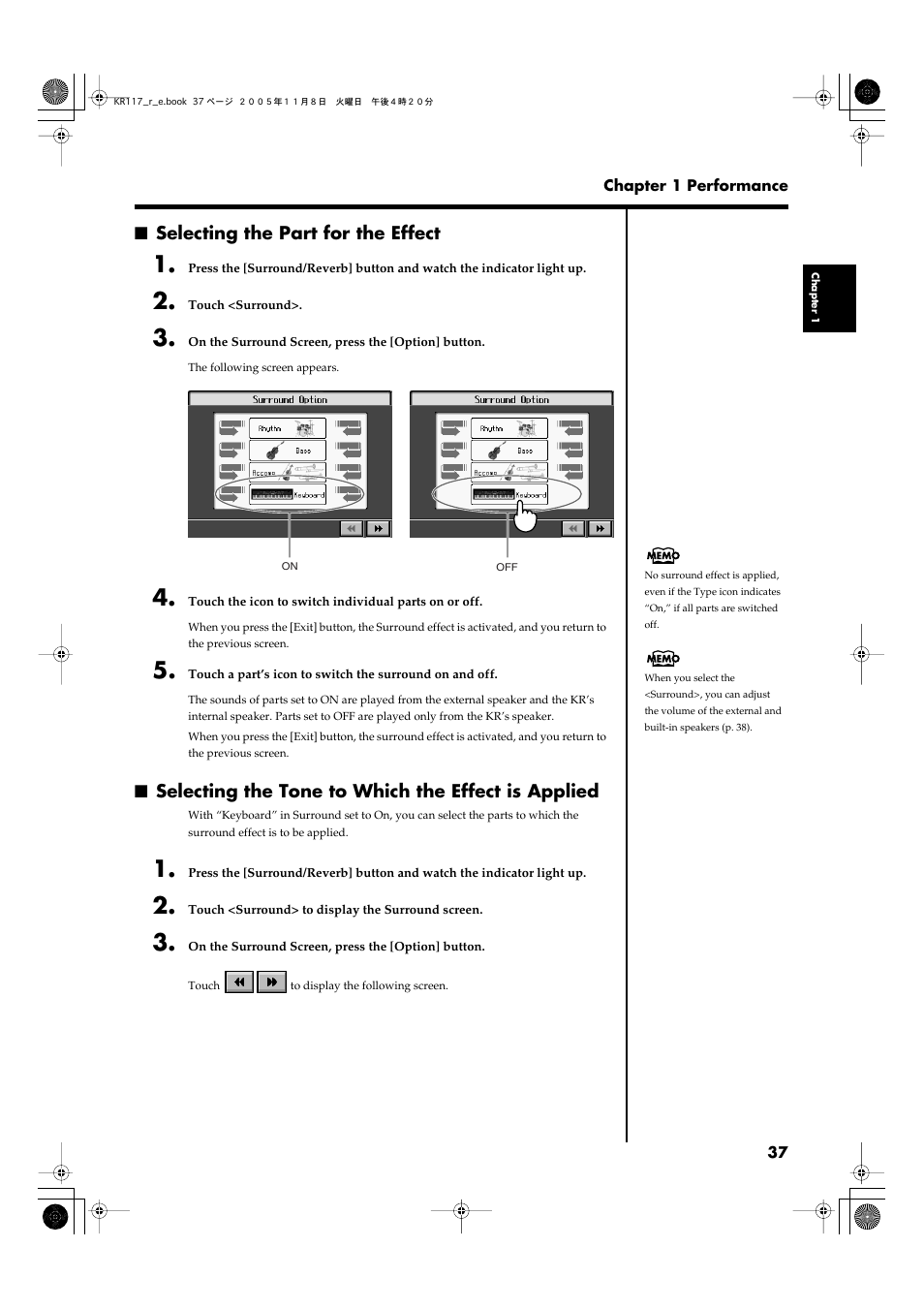 Selecting the part for the effect, Selecting the tone to which the effect is applied | Roland KR117/115 User Manual | Page 37 / 228