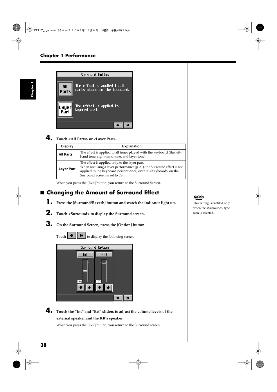Changing the amount of surround effect | Roland KR117/115 User Manual | Page 38 / 228