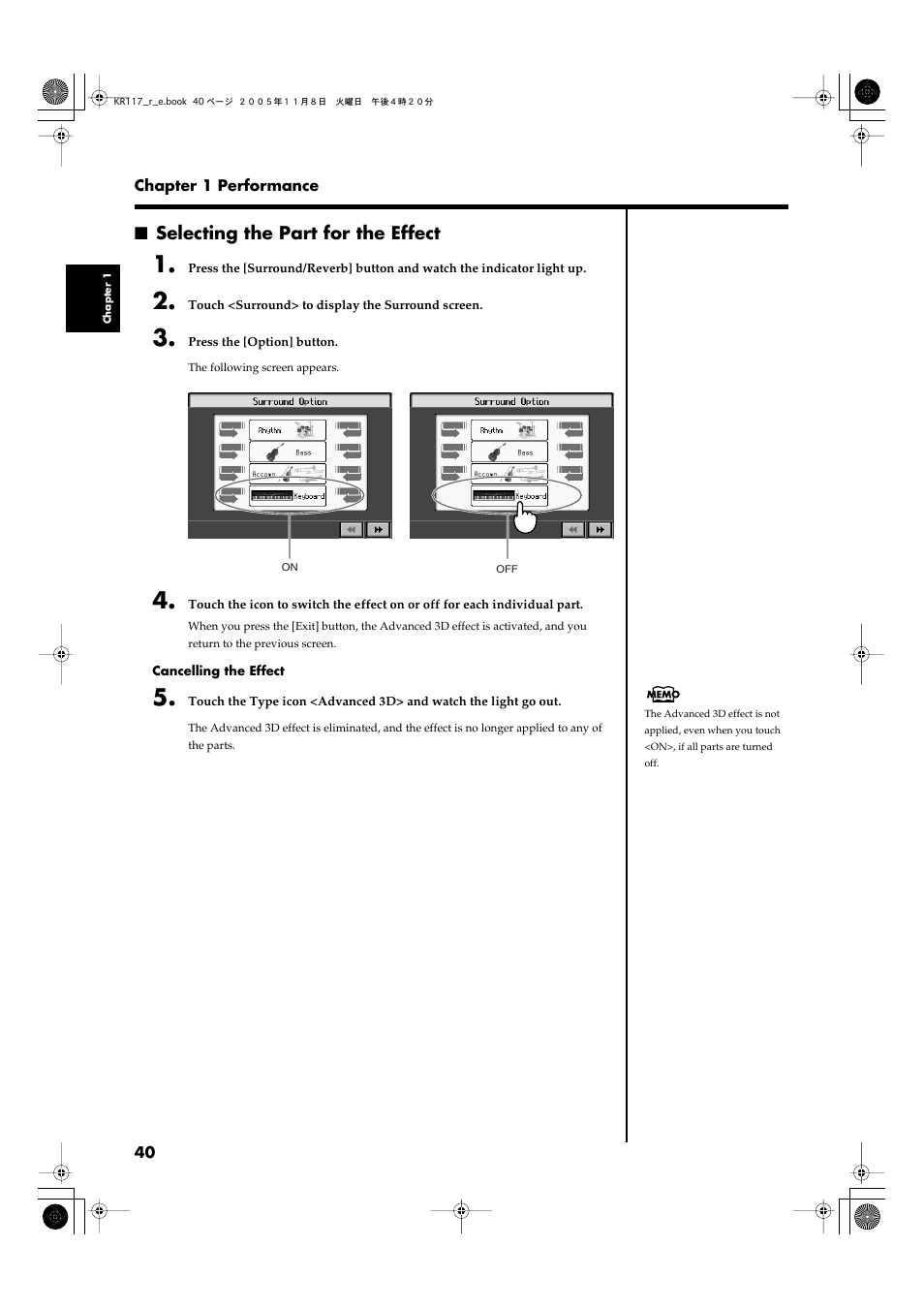 Selecting the part for the effect | Roland KR117/115 User Manual | Page 40 / 228