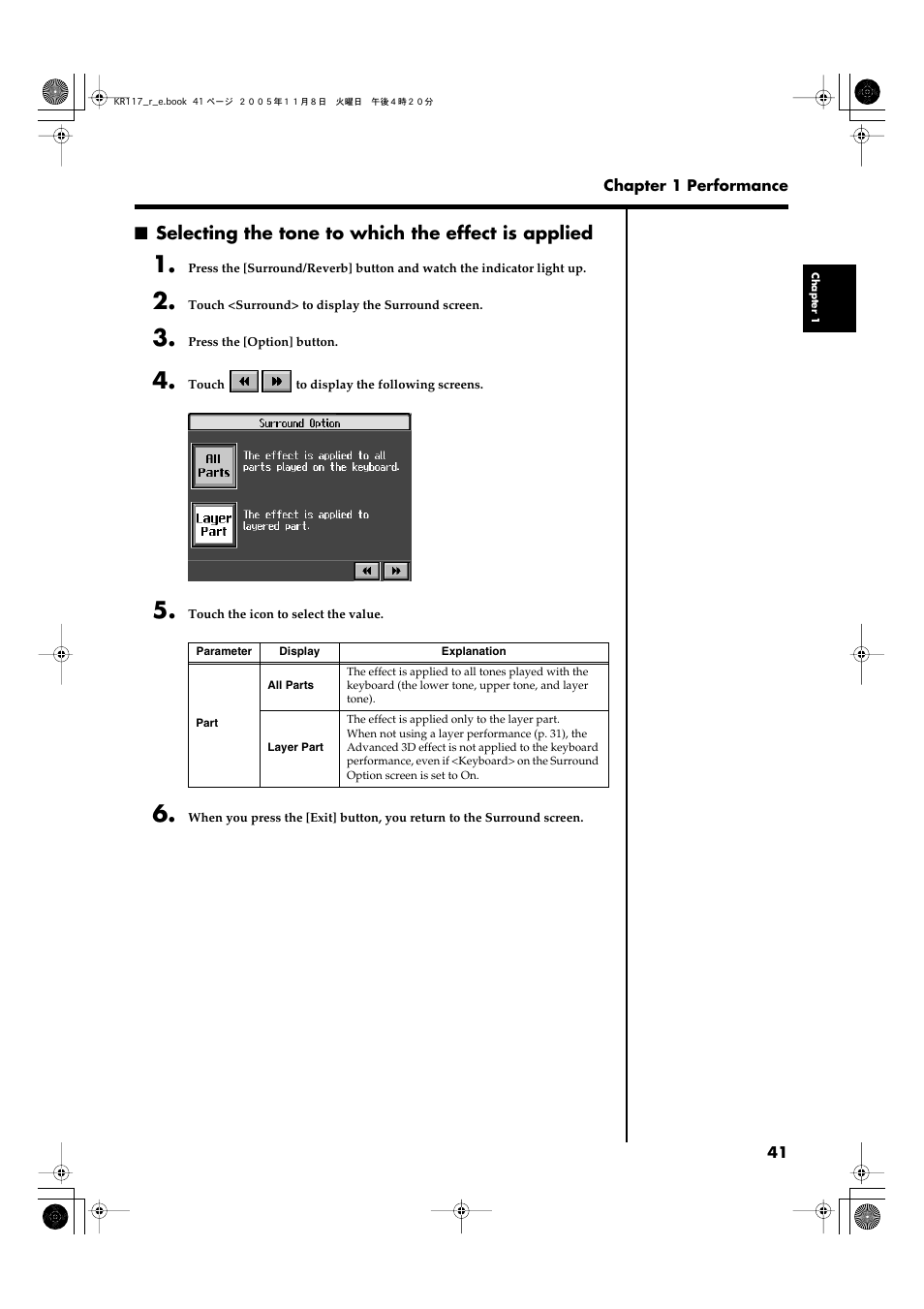 Selecting the tone to which the effect is applied | Roland KR117/115 User Manual | Page 41 / 228