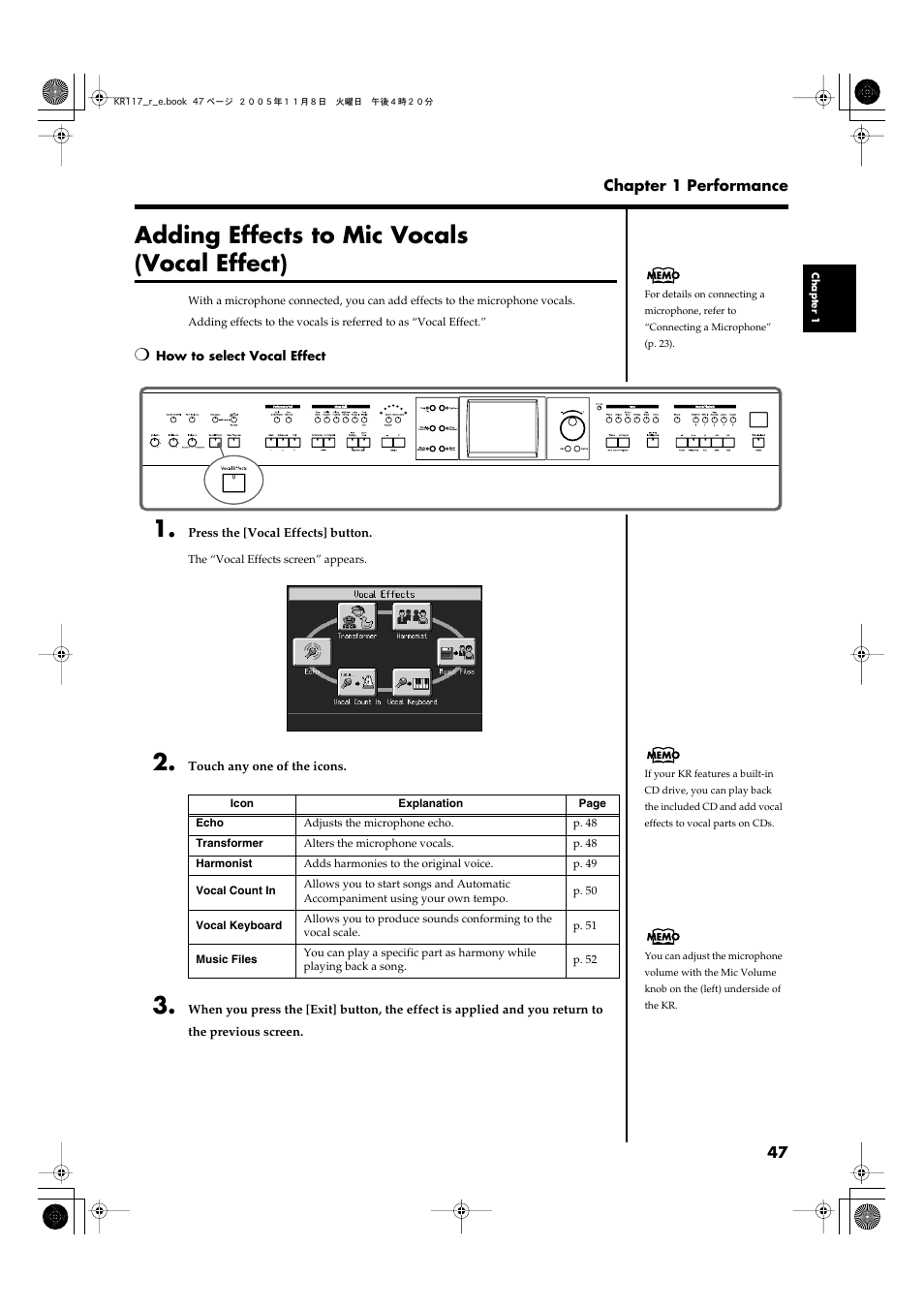 Adding effects to mic vocals (vocal effect), Microphone (p. 47) | Roland KR117/115 User Manual | Page 47 / 228