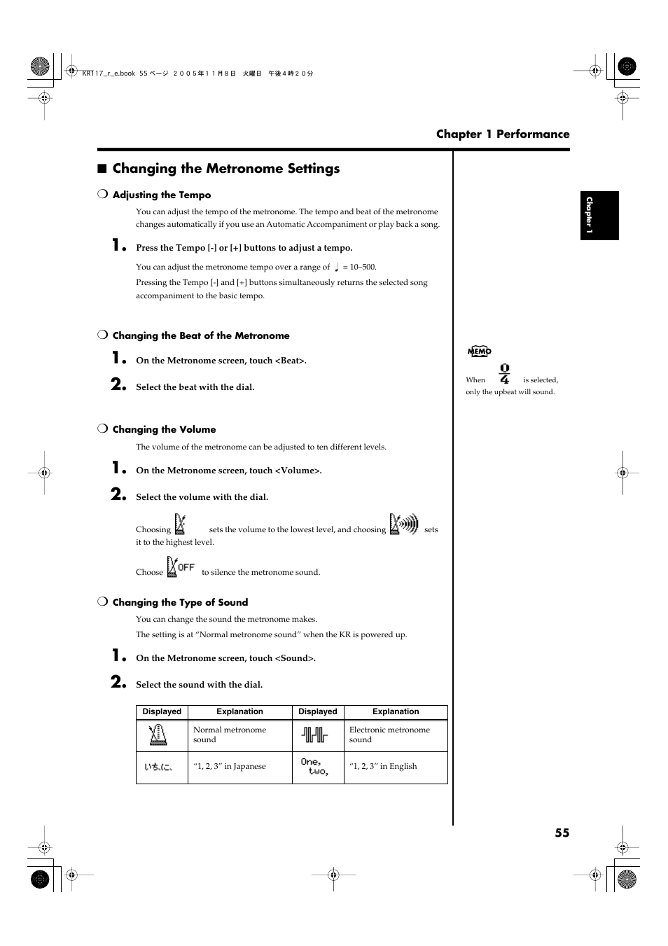 Changing the metronome settings | Roland KR117/115 User Manual | Page 55 / 228