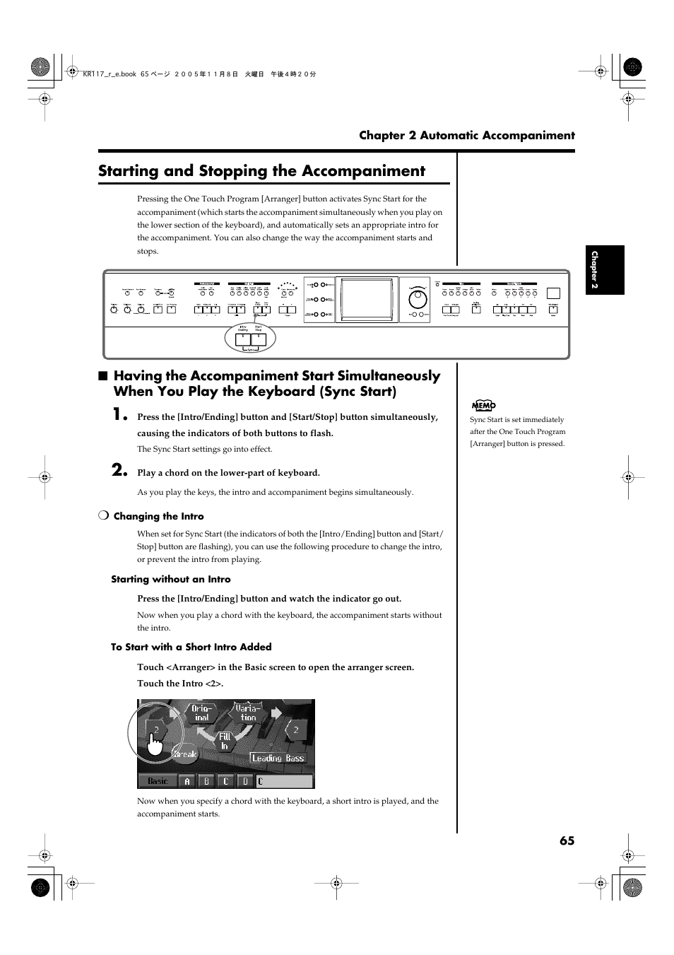 Starting and stopping the accompaniment, Accompaniment (p. 65), Starts and stops automatic accompaniment (p. 65) | Starting and stopping the, Accompaniment” (p. 65) | Roland KR117/115 User Manual | Page 65 / 228