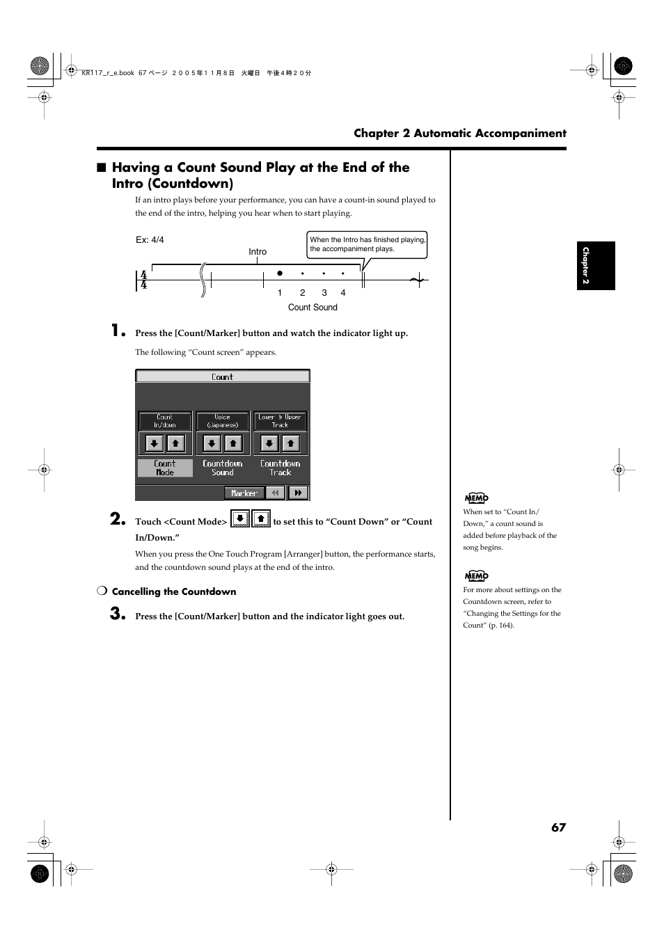 You can change the count settings (p. 67, p. 96) | Roland KR117/115 User Manual | Page 67 / 228