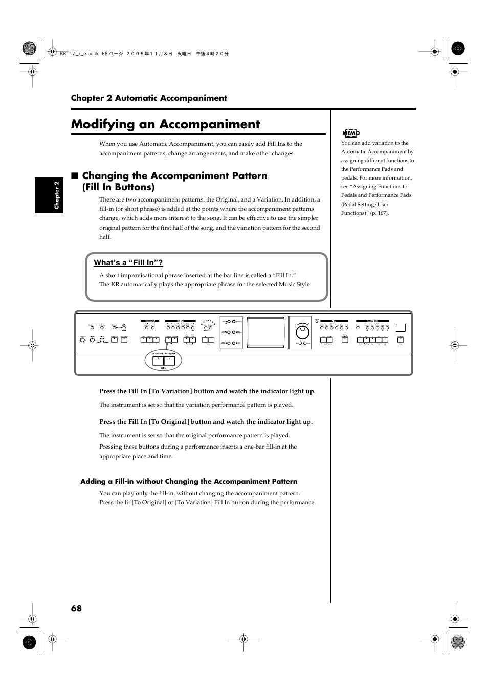 Modifying an accompaniment, Changes the accompaniment pattern (p. 68) | Roland KR117/115 User Manual | Page 68 / 228