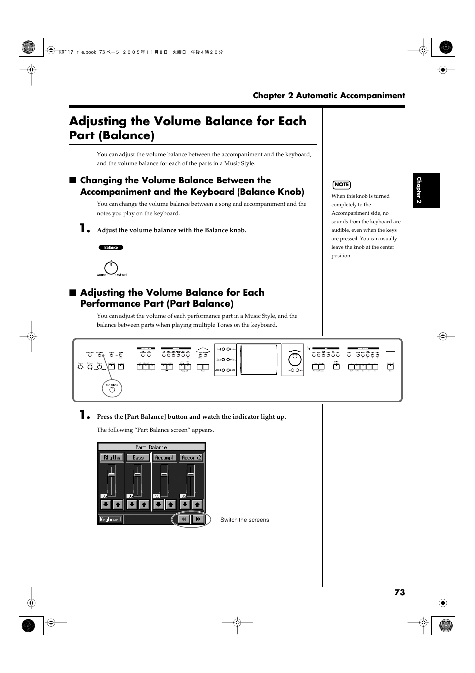 Performance parts (p. 73), Keyboard and for songs and accompaniments (p. 73), Adjusting the volume | Balance for each performance, Part (part balance)” (p. 73), Refer to “adjusting the volume | Roland KR117/115 User Manual | Page 73 / 228