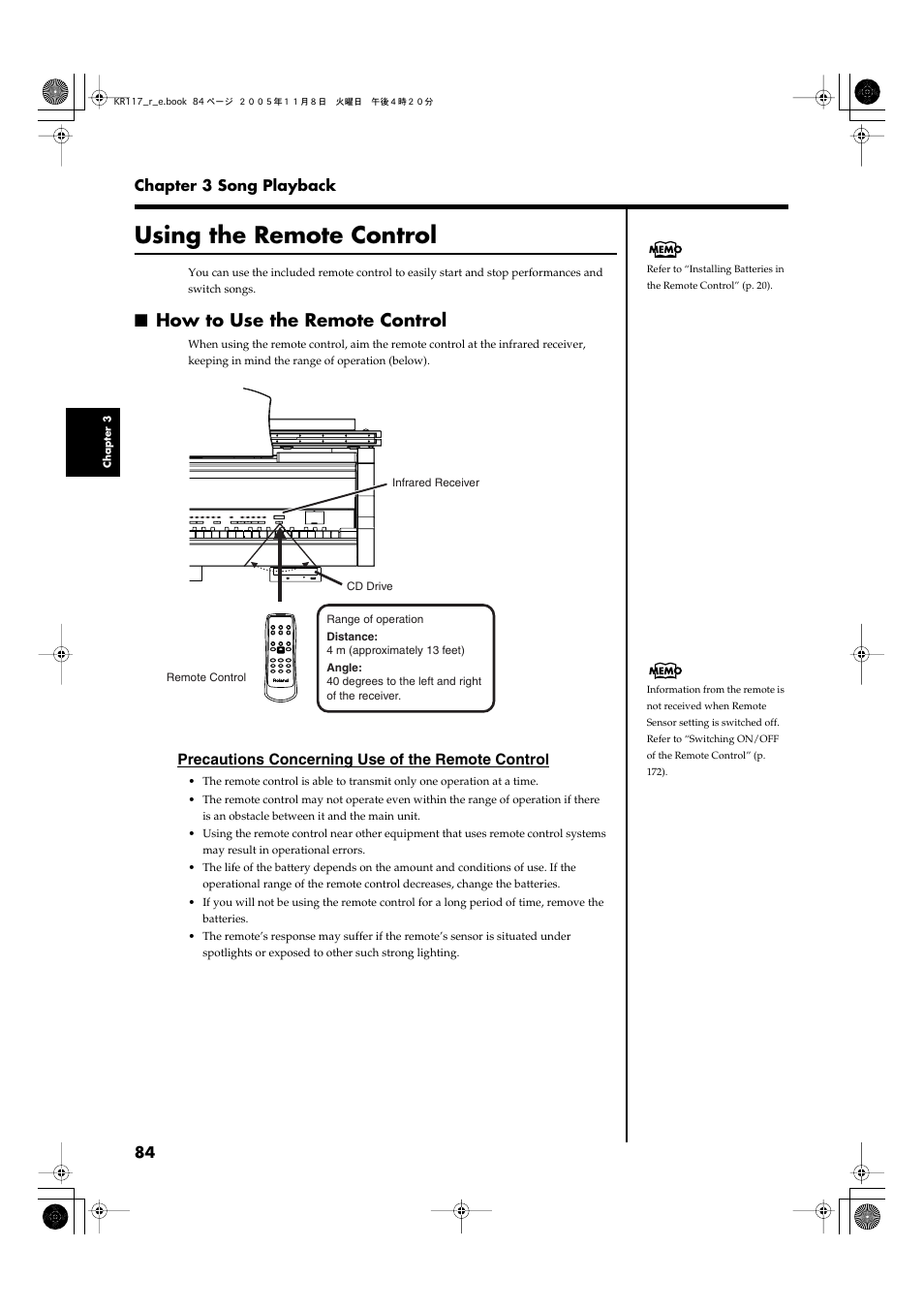 Using the remote control, How to use the remote control | Roland KR117/115 User Manual | Page 84 / 228