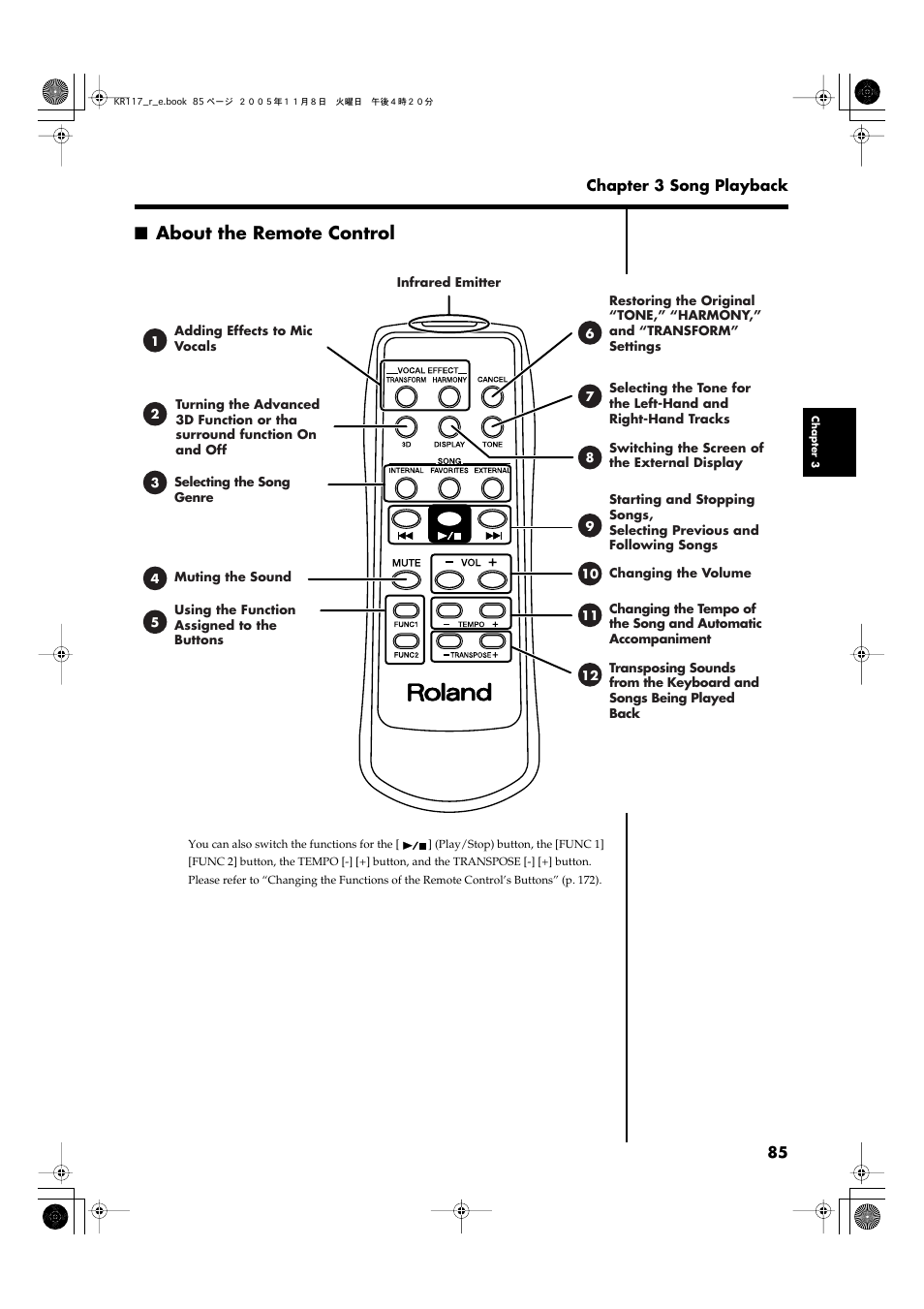 About the remote control, Remote control to operate the kr (p. 85) | Roland KR117/115 User Manual | Page 85 / 228