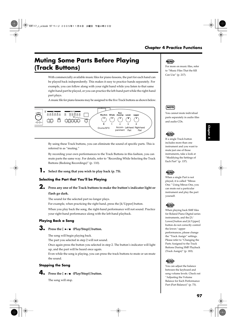 Muting some parts before playing (track buttons), Information, refer to p. 97, Track mute (p. 97) | Roland KR117/115 User Manual | Page 97 / 228