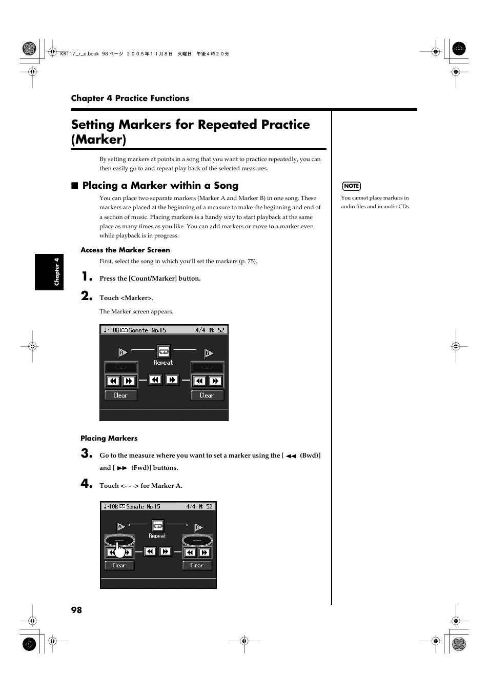 Setting markers for repeated practice (marker), Placing a marker within a song, Simply and easily (p. 98) | Marker (p. 98) | Roland KR117/115 User Manual | Page 98 / 228