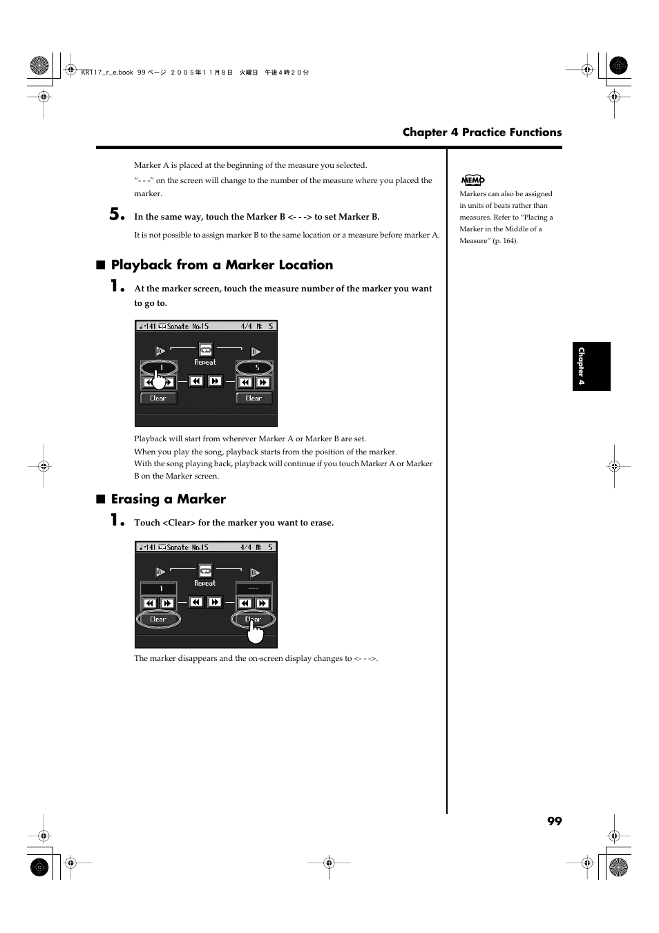 Playback from a marker location, Erasing a marker, Playback from a marker location erasing a marker | Roland KR117/115 User Manual | Page 99 / 228