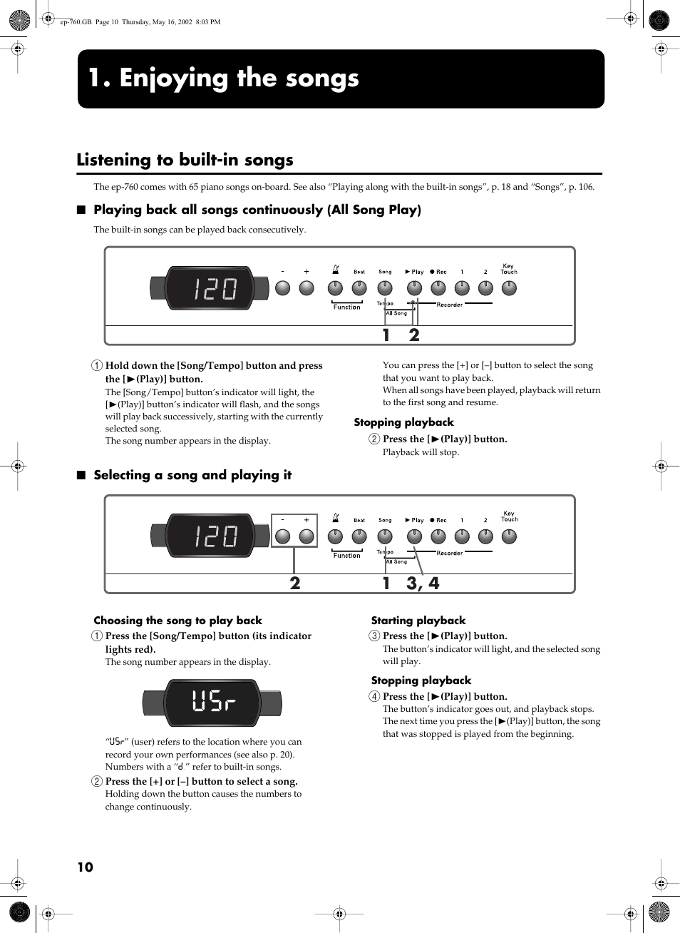 Enjoying the songs, Listening to built-in songs | Roland EP-760 User Manual | Page 10 / 34
