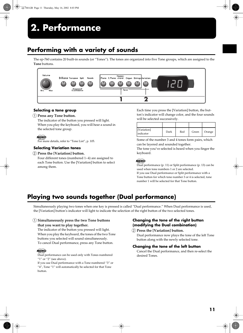 Performance, Performing with a variety of sounds, Playing two sounds together (dual performance) | Roland EP-760 User Manual | Page 11 / 34