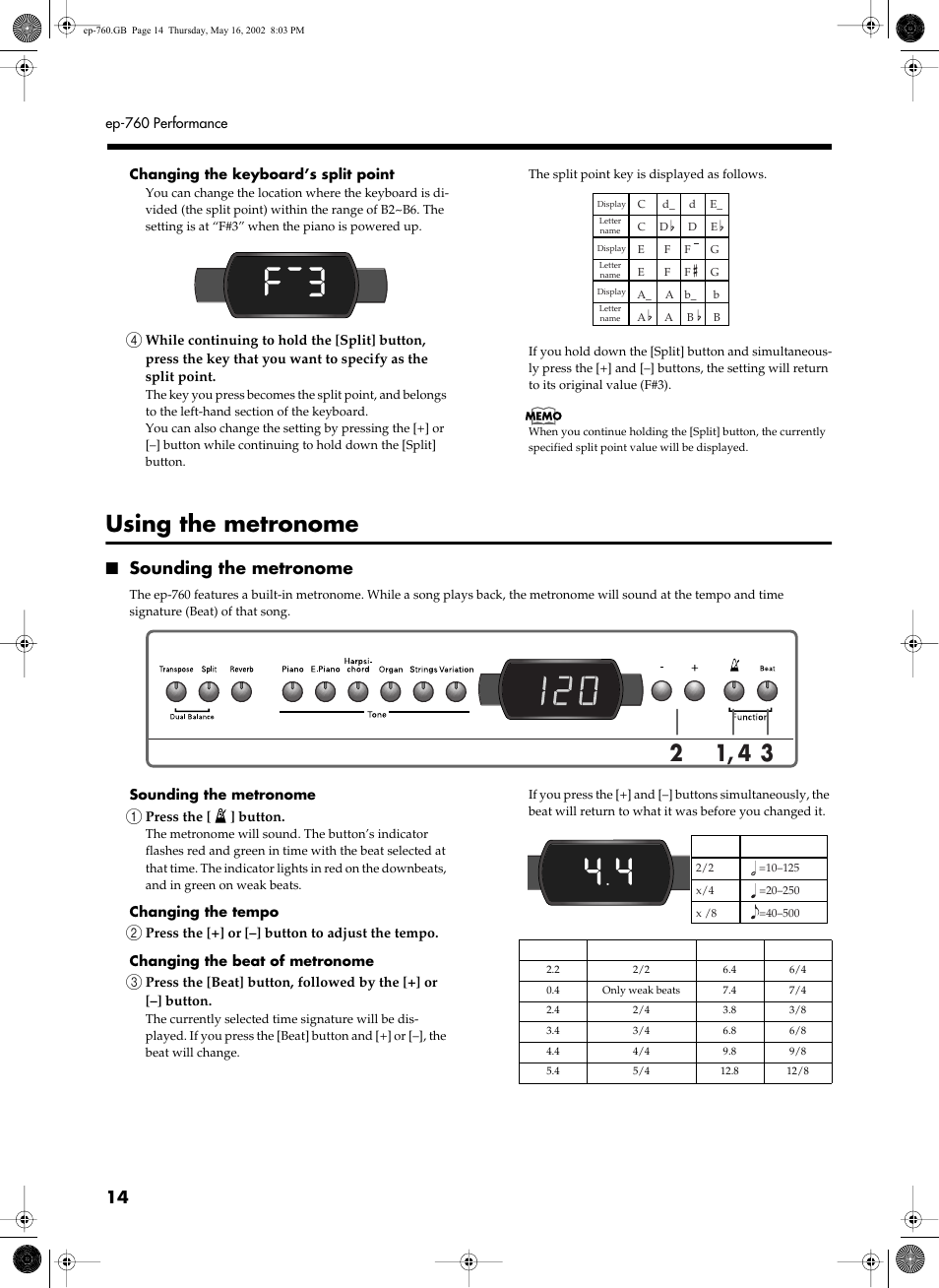 Using the metronome, Sounding the metronome | Roland EP-760 User Manual | Page 14 / 34