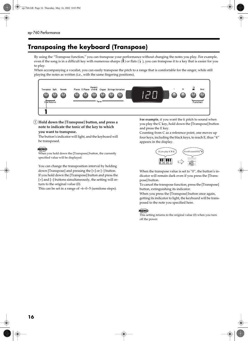 Transposing the keyboard (transpose) | Roland EP-760 User Manual | Page 16 / 34