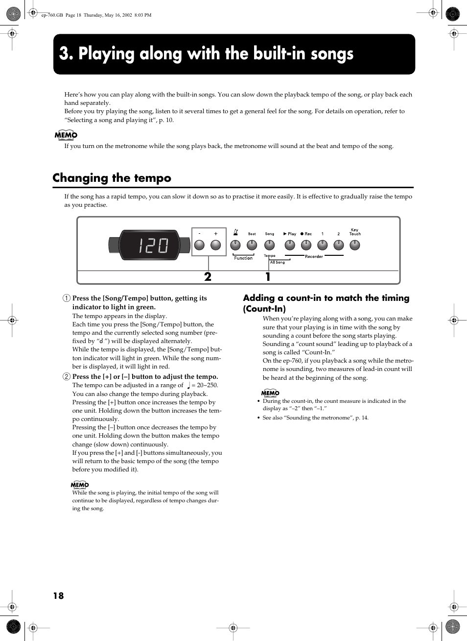 Playing along with the built-in songs, Changing the tempo | Roland EP-760 User Manual | Page 18 / 34