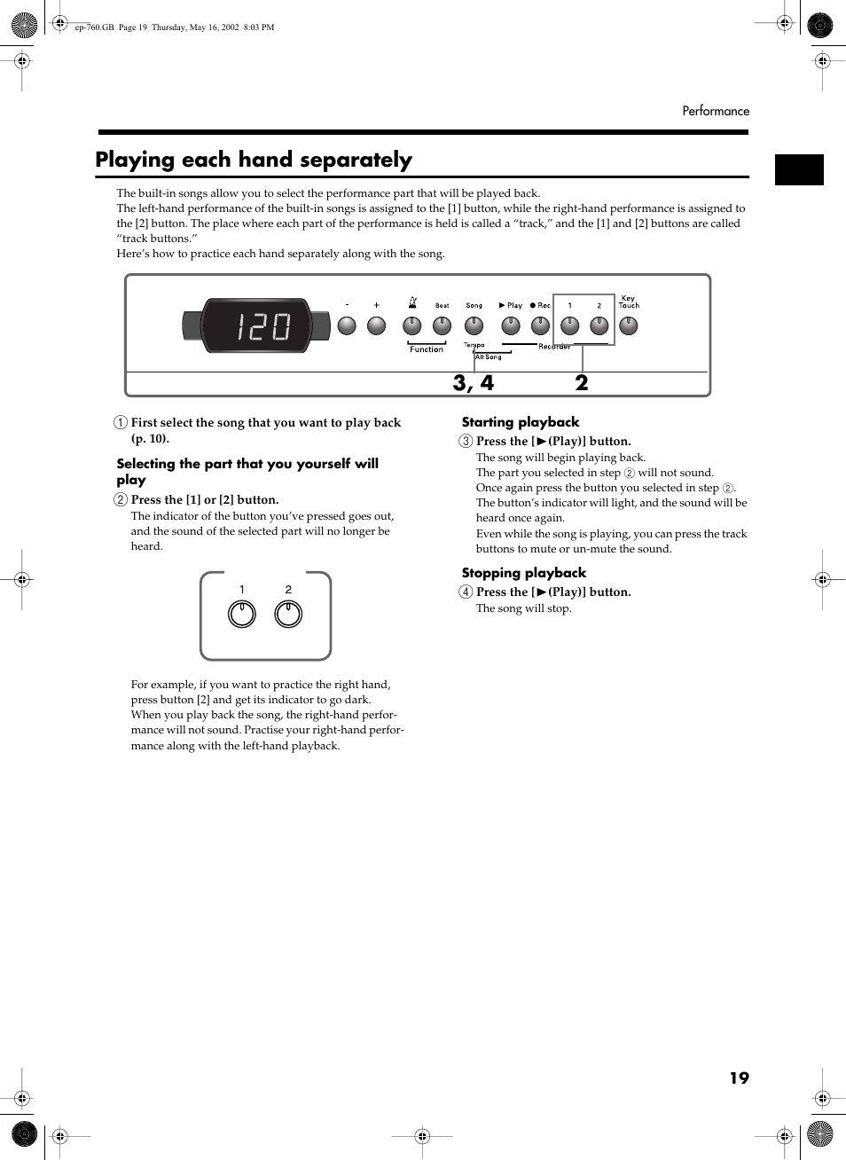 Playing each hand separately | Roland EP-760 User Manual | Page 19 / 34