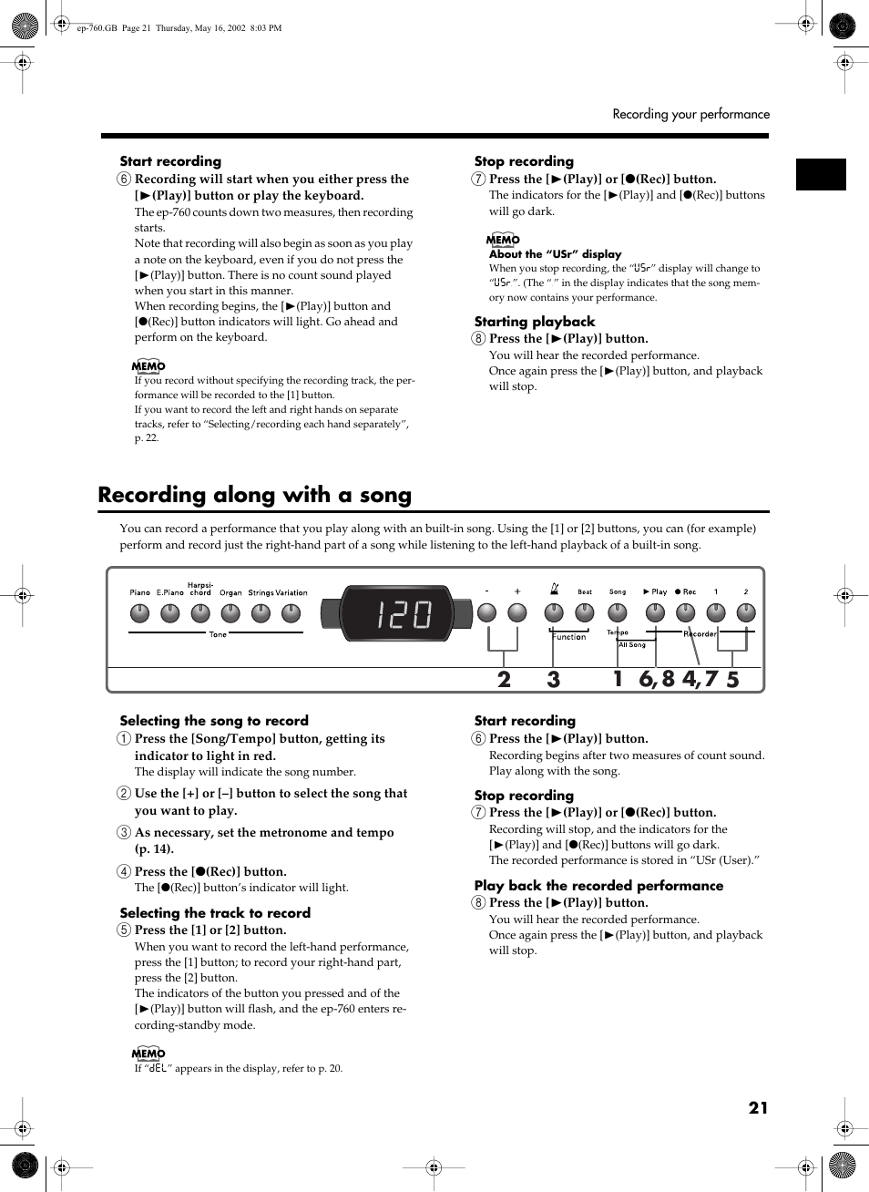 Recording along with a song | Roland EP-760 User Manual | Page 21 / 34