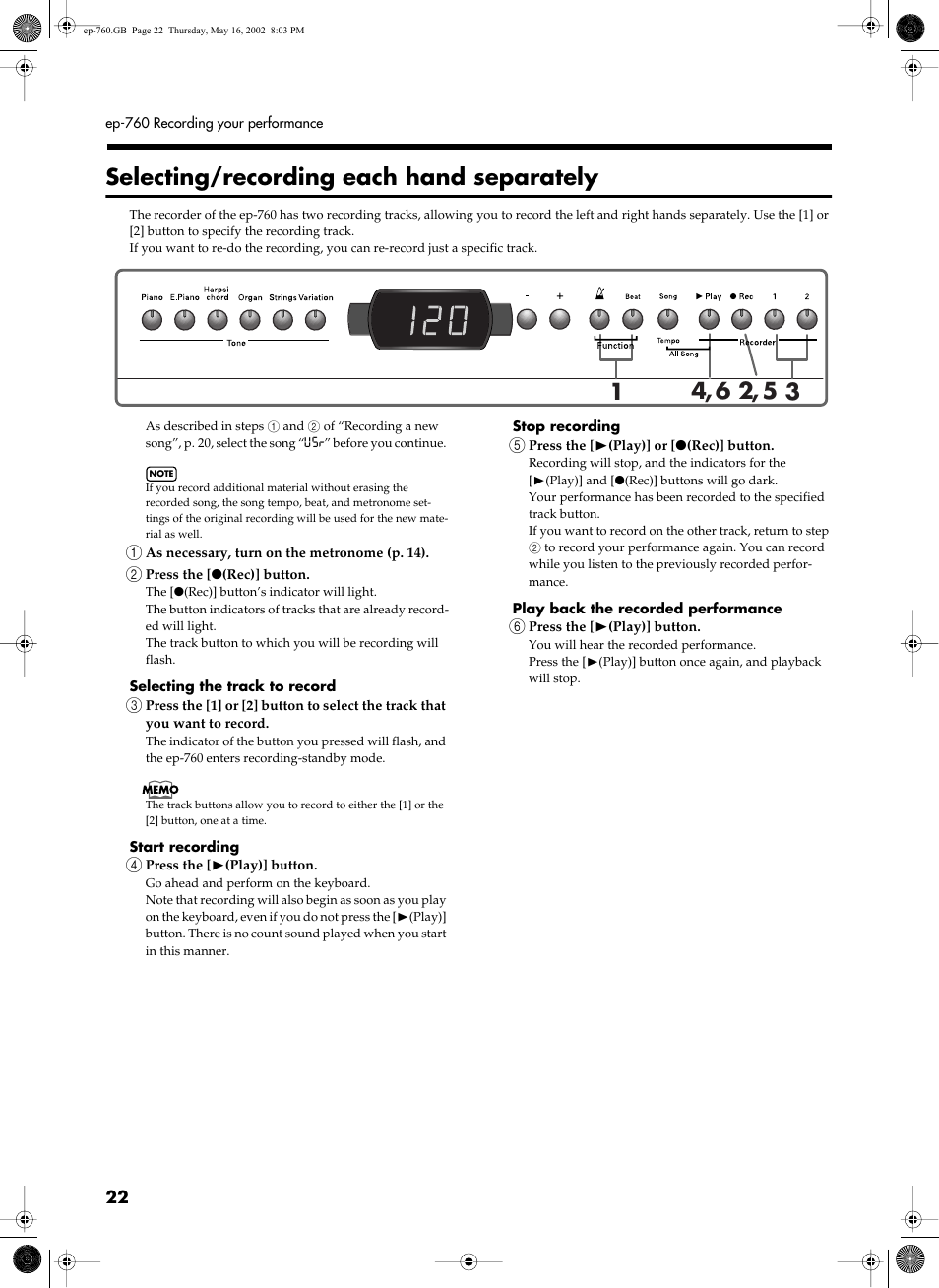 Selecting/recording each hand separately | Roland EP-760 User Manual | Page 22 / 34