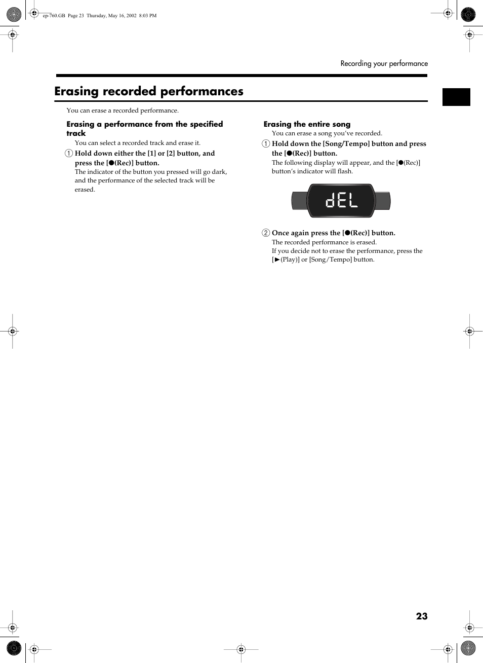 Erasing recorded performances | Roland EP-760 User Manual | Page 23 / 34