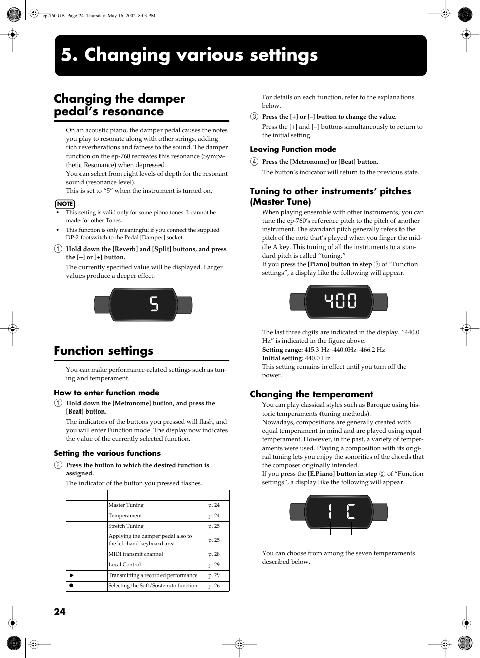 Changing various settings, Changing the damper pedal’s resonance, Function settings | Tuning to other instruments’ pitches (master tune), Changing the temperament | Roland EP-760 User Manual | Page 24 / 34